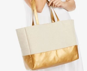 Bolso de Mano Dorado y Lona Nuevo Imitación Cuero Tostado Nuevo con Etiquetas Verano Playa - Imagen 1 de 1