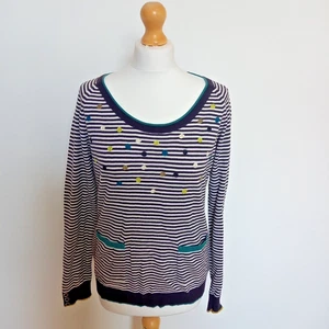 Jersey de algodón tejido fino a rayas y puntos M&S Per Una UK 14 azul marino y blanco - Imagen 1 de 8