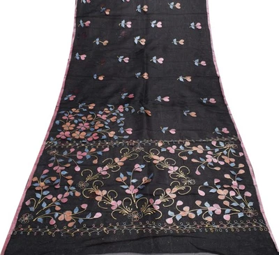 Tecido Sushila Vintage Indiano Preto Mescla Saree Seda Floral Sari Decoração Artesanal - Imagem 1 de 4
