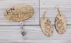 RN Floral Retractable Badge Reel ID holder Matching Earrings Laser Cut Engraved - Picture 1 of 11