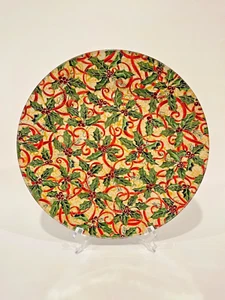 Handmade Decoupage Glass 10.5" Plate Christmas Holly & Red Ribbons & Gold NEW - Picture 1 of 4