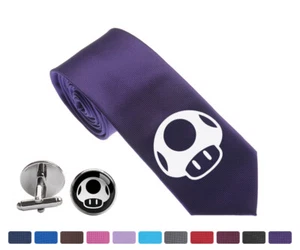 Mario Brothers 1up Mushroom Men Woven Groom 2.5" Tie Necktie Cufflink Cuff Link - Picture 1 of 29