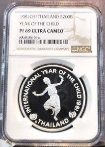 1981 THAILAND SILVER 200 BAHT YEAR OF THE CHILD NGC PF 69 ULTRA CAMEO SCARCE - Picture 1 of 3