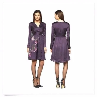 Purple Orchid V Neck Faux Wrap Satin Dress Size 2 NWOT - Image 1 of 2