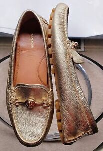 COACH MARY LOCK UP GOLD PEBBLE LEATHER DRIVING LOAFERS FLATS 41 9.5