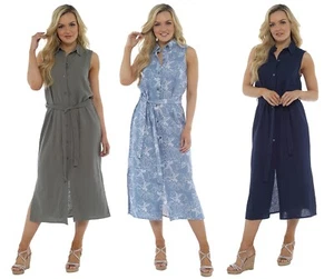 Womens Linen Dress Button Tunic Summer Cover Up Sleeveless Sundress Belt Ladies  - Picture 1 of 3