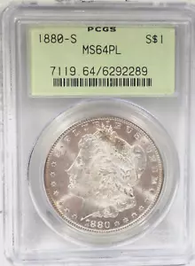 1880-S Morgan Silber Dollar PCGS bewertet MS 64 PL alter grüner Klapperhalter - Bild 1 von 4