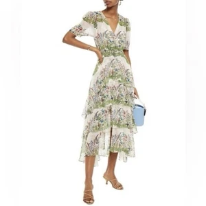 MAJE Tiered Floral Print Chiffon Ecru Midi Dress Women’s FR Size 42/US 10 - Picture 1 of 12