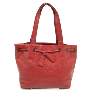 CHANEL CC Wood-like drawstring type vintage Tote Bag Caviar Leather Red - Picture 1 of 13