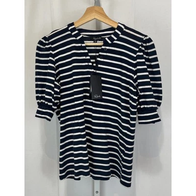 NWT RAILS Jewel Top Navy Ivory Stripe Puff Short Sleeve Henley Blue Size XS - Image 1 of 4