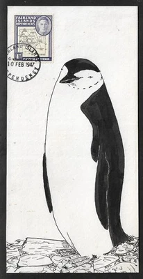 FALKLAND IS DEPENDENCIES 1d KGVI MAP ON HAND DRAWN (INK) PENGUIN CARD COVER 1947 - Image 1 of 2