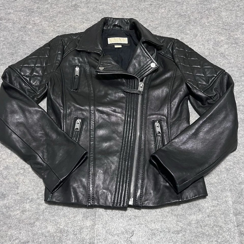 Chaqueta de motociclista Michael Kors para mujer negra de cuero genuino PEQUEÑA Foto 1 de 4