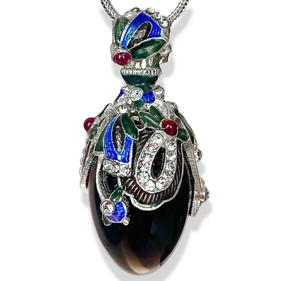 Flowers Sterling Silver Black Onyx Faberge Egg Pendant Crystals Enamel Garnets - Image 1 of 4