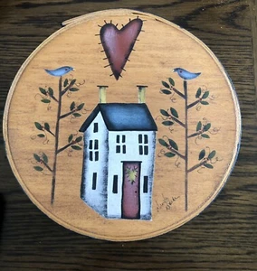 Mindy Barker Hand Painted Wooden Round Cheese Box Cottagecore Primitive Signed - Picture 1 of 4
