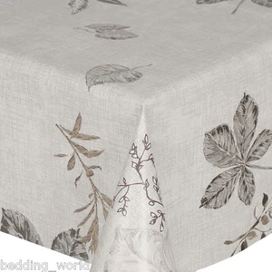 PVC TABLE CLOTH LEAVES SLATE AUTUMN BEIGE GREY SILVER CHARCOAL WIPE ABLE COVER - Picture 1 of 3