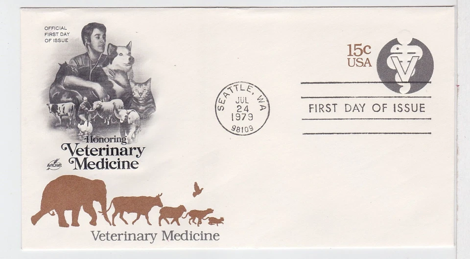 TurtlesTradingPost- Veterinary Medicine- Horse, Dog - 1979 FDC #U595- Artcraft - Image 1 of 1
