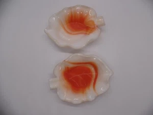 Vintage Set of 2 AKRO Agate Slag Glass Vibrant Orange in White Leaf Ashtrays USA - Picture 1 of 12