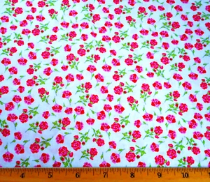 Floral Fabric By Yard SALE Pink Red Floral Green Stem on White Premium Cotton #C - Picture 1 of 2