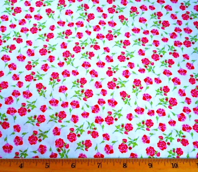 Tela Floral Por Yarda OFERTA Rosa Rojo Floral Verde Tallo en Blanco Algodón Premium #C Foto 1 de 2