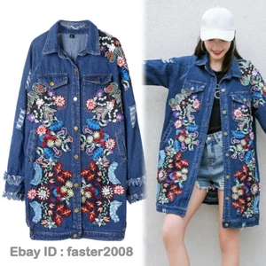 Mujer Flor Bordada Denim Chaqueta Lentejuelas Jeans Medio Largo Chaqueta Prendas de abrigo Abrigo - Imagen 1 de 9