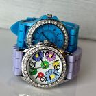 Floral Vibrant Watch Lot Blue Purple Silicone Band Pristine 35mm Cases Need Batt