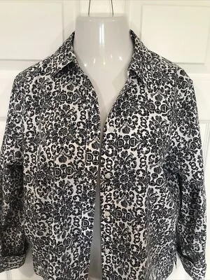 Chico's 3 Button Up No Iron Women's XL Blouse Black & White Baroque Print - Image 1 of 4