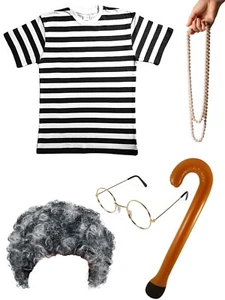 Adult Granny Costume Accessories 5PC Set T-Shirt, Neckless, Wig, Glasses & Stick - Picture 1 of 6