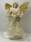 Angel Christmas Tree Topper Porcelain Face White Gold Dress 16”