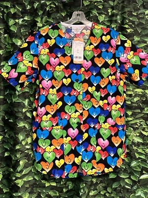 Blusa Médica Happy Hearts Holiday Negra Melocotones Marca Mujer Mediana Nueva Foto 1 de 4