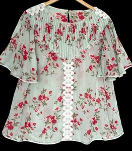 Anthropologie Seen Worn Kept Top Womens Size XL Green Floral Crochet Sheer Boho - Picture 1 of 10