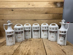 VINTAGE 7 piezas. Juego de botes de cocina alemana con botellas de aceite y vinagre FLORAL Y DORADO - Imagen 1 de 13