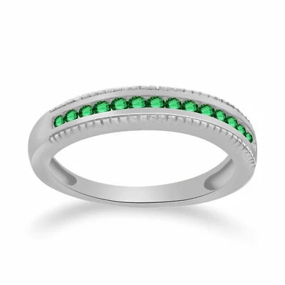 1/3Ct  Cut Green Emerald Anniversary Band Ring 14K White Gold Plated Sterling - Image 1 of 4