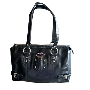 Franco Sarto Large Pebbled Black Leather Satchel / Purse / Handbag, Reptile Trim - Picture 1 of 7