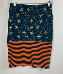 LuLaRoe Skirt Pencil Navy/Orange Multi Print Stripe Elastic Band Pull On Size L - Picture 1 of 6