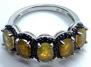 Sterling Silver / 925 Simulated Opal & Black CZ Ring Size 6 - Picture 1 of 10