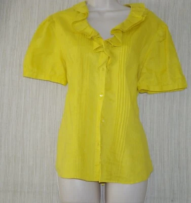 Lafayette 148 New York Yellow Linen Short Sleeve Ruffle Neck Blouse Size: 12 - Image 1 of 4