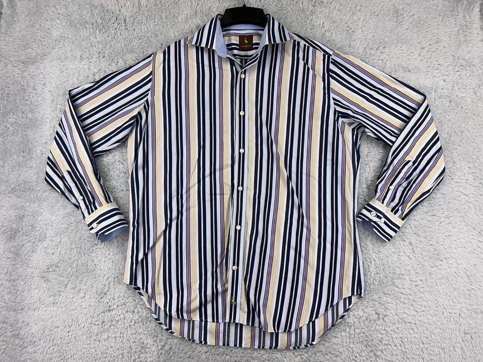 Camisa masculina TailorByrd grande azul amarela roxa listra de botão golfe 100% algodão - Imagem 1 de 4