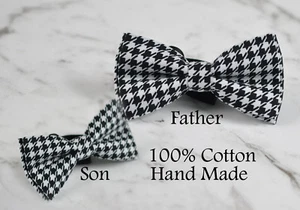 Father Son Match Cotton Black White  Houndstooth Grids Pattern Bow Tie Bowtie - Picture 1 of 16