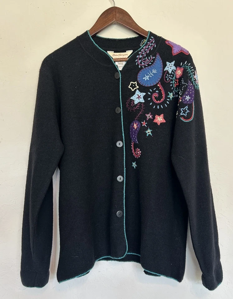 Vintage Norm Thompson Wool Cardigan Button Up L Embroidered Boho Grandma Cottage - Image 1 of 4