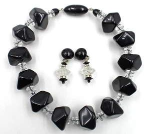 Angela Caputi For Fiocchi Chunky Black Beaded Necklace Dangle Clip Earrings Set - Picture 1 of 9