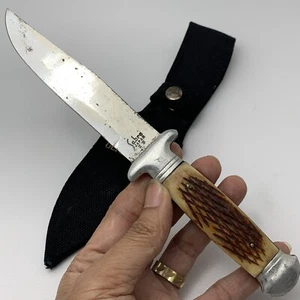 Vtg HUNTING Fishing Bowie FIXED BLADE KNIFE Sabre Japan 23 With Sheath - Picture 1 of 20