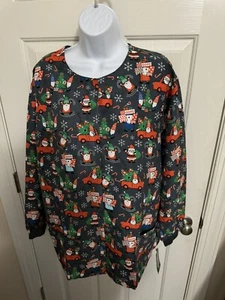 Womens Scrub Jacket Christmas Trees Gnomes L Snap Down Samantha Mara Gift NWT - Picture 1 of 5
