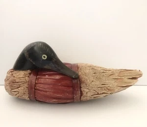 Vintage Straw Body Wood Head Decoy Duck Mallard Red Black Handmade 10 inch - Picture 1 of 11