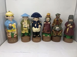 VINTAGE ALBERTAS CERAMIC DECANTER BOTTLE FIGURINE SET OF 6 BOURBON SAKE PREOWNED - Picture 1 of 7