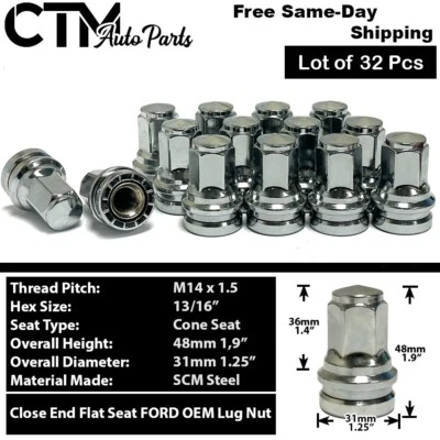 32x Ford OEM Factory Chrome 14x1.5 Flat Seat Lug Nut Fit F250 F350 Super Duty - Image 1 of 3