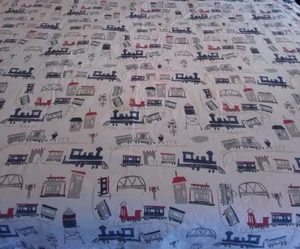 Pottery Barn Kids Train Twin Size Flat Sheet Railroad Blue Red Gray White Bridge - Picture 1 of 12