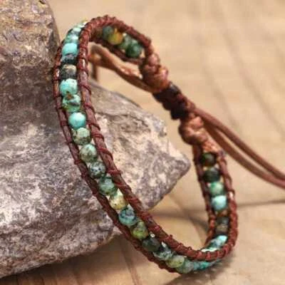Handmade 6MM natural stone bead cowhide rope braided bracelet Stainless Gemstone - Image 1 of 4