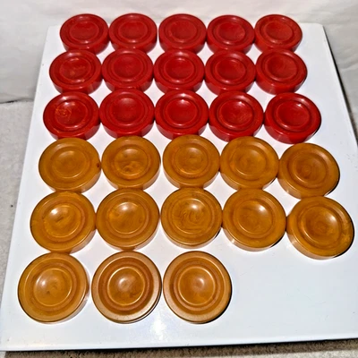 28 Bakelite Backgammon Checkers 1.75" Butterscotch & Cherry Red Dimpled 518g - Image 1 of 4