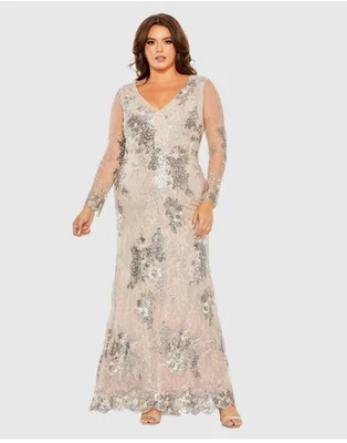 Vestido MAC DUGGAL Beige Cuello en V Malla Manga Larga Bordado Talla Grande 20W $598 Foto 1 de 4