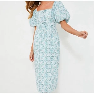 TUCKERNUCK Hyacinth House Teal Floral Lace Up Lila Midi Dress NWT Size Medium - Picture 1 of 8